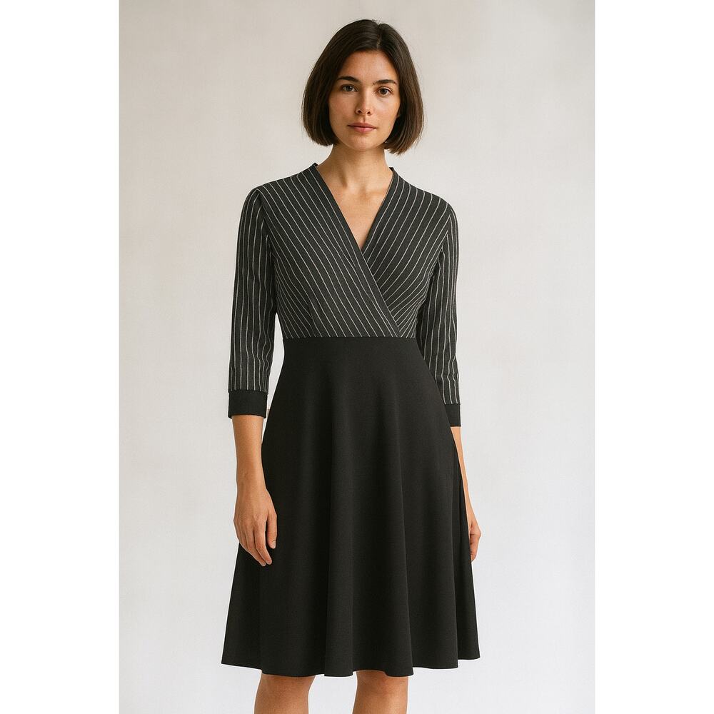Vicky and Lucas NWT L midi dress pinstripe bodice black A-line skirt office chic